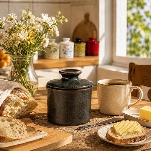 Pottery Butter crock with lid, Keeps Butter Soft & Spreadable, 6.8 oz | Rustic French Butter Crock, Water Line, Keeps Butter Soft & Spreadable thumbnail 11