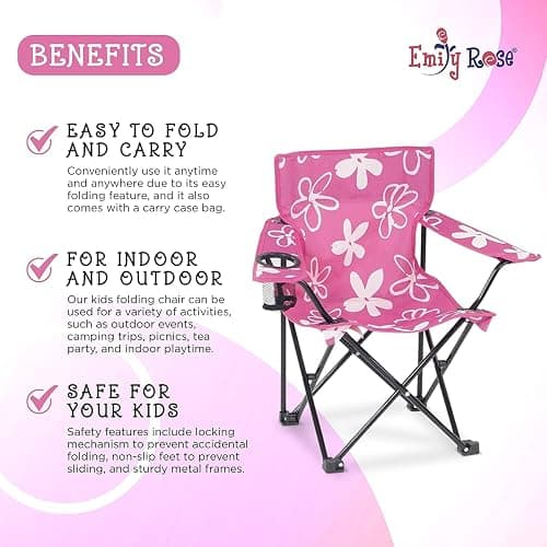 Emily Rose Kids Pink Folding Beach Camp Chair with Cup Holder Safety Lock & Carry Case - Toddler Girls Chair Ages 2-7 Indoor Outdoor Lightweight Portable - Floral Design 125lb Capacity thumbnail 6