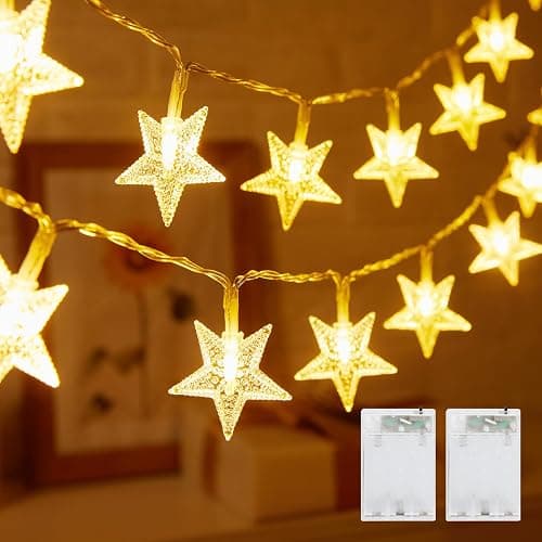 Minetom Star String Lights Battery Operated - 2 Pack 17 ft 50 LED Star Fairy String Lights with Timer, Waterproof for Indoor Bedroom Tent Loft Bed Patio Party Wedding Decor, Warm White - Image 1