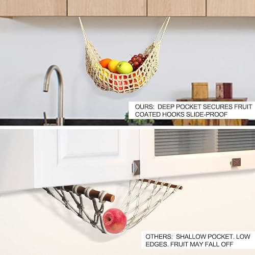 Fruit Hammock for Kitchen Under Cabinet,Large Macrame Fruit Hammock for Kitchen Décor,Storage That Saves Counter For More Counter Space at Home, Boat, or Rv,with 4 Hooks.(nature) thumbnail 5
