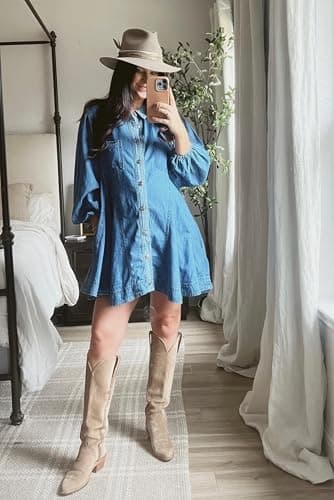 Gozoloma Women's Denim Dress Long Balloon Sleeves Button Down A Line Swing Ruffle Jean Mini Babydoll Dress with Chest Pocket thumbnail 2