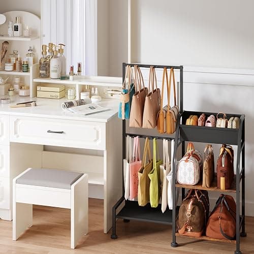 Homsorout Purse Organizer for Women - 3-Tier Storage Stand & 12 Fixed Hooks, Visible Backpack Storage, Space-Saving Bag Organizer Rack for Home, Closet, Black thumbnail 7
