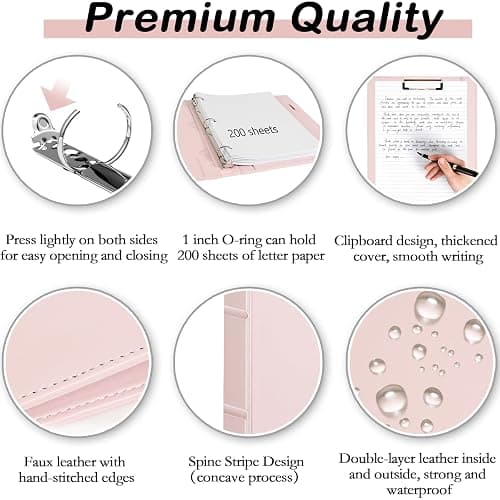 Etzul Hardcover 3 Ring 1 inch Leather Binder, Letter Size Binder Dividers with Tabs, PVC Zipper Pouch, Professional Organizer, Faux Rose Pink Leather thumbnail 4