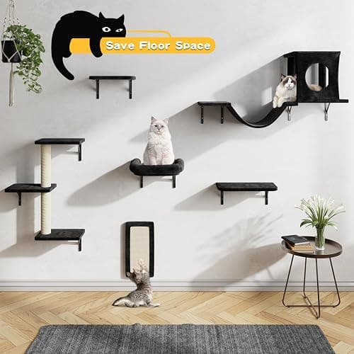 NUNU LAB Wall Mounted Cat Climber Set, 6 Pcs Cat Furniture Set with House, Bridge, Steps, Scratcher Board and Hammock, Shelves for Indoor, Luxury Walls Furniture(Black) thumbnail 4