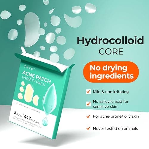 TKTK 443 Count Pimple Patches for Face, Hydrocolloid Acne Cover Patch Bulk | Pimple Stickers for Cheeks, Forehead, Chin Blemishes Zit & Breakouts, All Skin Types, Dots, Strips, Contoured 5 Sizes Variety thumbnail 5