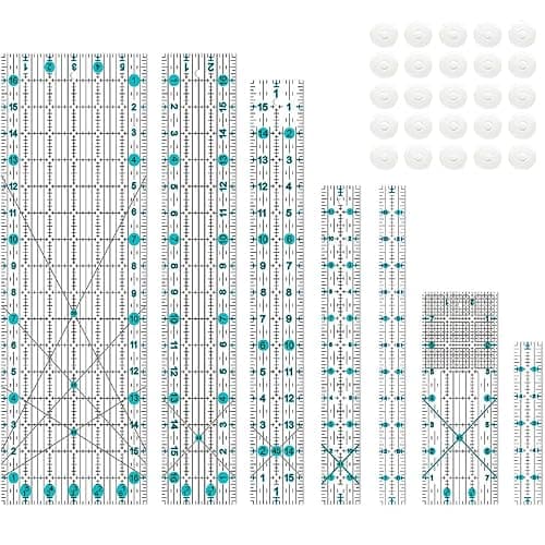 HLZC Quilting Ruler, Sewing Ruler, 8 Pack, Acrylic Quilting Templates(6"x17", 3"x17", 2"x16", 1.5"x12", 1"x12", 1"x6", 8"x3"), Non Slip Rings 25 Pieces, Sewing and Quilting Supplies - Clear/Blue - Image 1