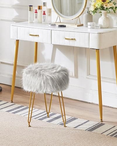 IBUYKE Faux Fur Vanity Stool Chair, Furry Makeup Stool Ottoman, Soft Padded Seat, Round Footrest Footstools with 4 Metal Legs, for Living Room Bedroom Entryway, Gray LG-32G - without storage - Grey thumbnail 4
