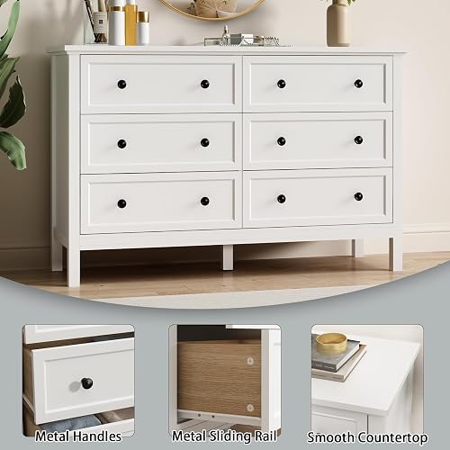 CARPETNAL White Dresser for Bedroom, 6 Drawer Dresser with Wide Drawer and Metal Handles, Wood Dressers & Chests of Drawers for Hallway, Entryway. thumbnail 7
