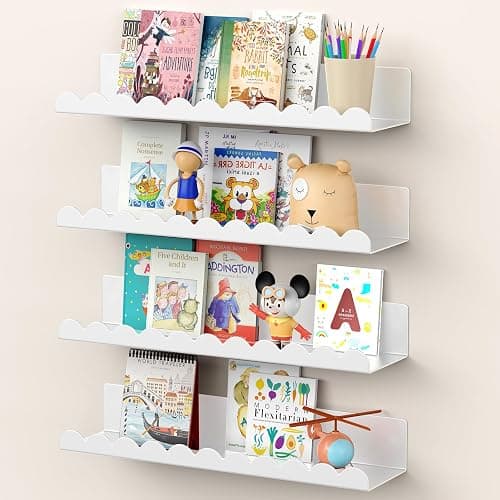 Gattlukd Nursery Book Shelves, 17 Inch Metal Floating Shelves for Wall 4 Pack, Scalloped Shelves, Wall Mounted Book Shelf for Kids Bedroom, Baby Room, Nursery Decor (White) - Image 1