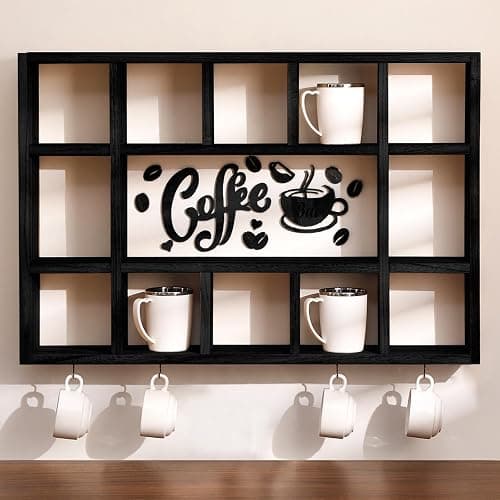 Cinnvoice Oversize Coffee Mug Display Shelf for Wall Wood Coffee Mug Rack Wall Mounted Shelf Cubes Cup Hooks Hanger with Bar Sign Decor for Kitchen Station Bar Accessories(Black) - Image 1