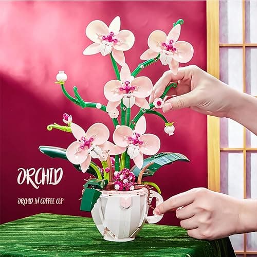 iixeal Pink Orchid Flower Building Set for Adults, Coffee Cup Orchid Botanical Collection Plant Building Kit, Home and Office Decor Gift for Christmas Day, Valentines, Birthday 567pcs thumbnail 4