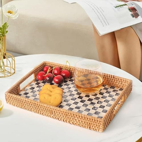 Tynulox Rectangle Rattan Tray with Mother of Pearl Inlay, Rattan Serving Tray with Handle for Coffee, Bread, Fruits, Snacks, Decorative Wicker Tray for Table Decor (Black Checkerboard, 13"×9") thumbnail 9