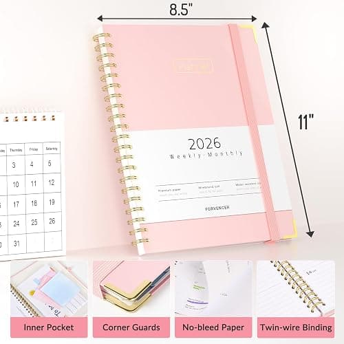 Forvencer Planner Jan 2026-Dec 2026, Spiral Hardcover Daily/Weekly & Monthly Calendar Journal/Agenda Book/Organizer Notebook with Inner Pocket & Tabs for Office/Home/School, Pink, A4, 8.5" x 11" thumbnail 3
