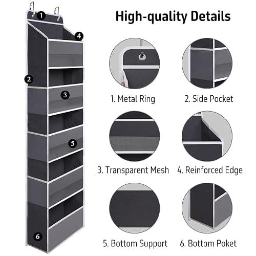 TYMENSH Over Door Organizer with 5 Large Pockets, Heavy Duty Hanging Organizer Storage, Closet Bathroom Nursery Bedroom Dorm, Toys Cosmetics Sundries and Baby Essentials, Gray thumbnail 4