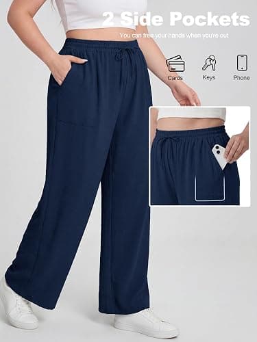 Lastshe Women's Plus Size Wide Leg Pants High Waist Loose Casual Palazzo Trousers with Pockets Spring Clothes thumbnail 3