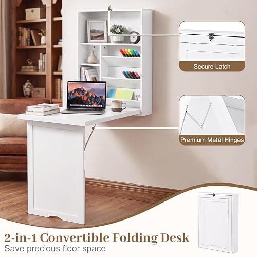 Tangkula Folding Wall Mounted Desk, Convertible Fold Out Floating Table with Storage Shelves, Space-Saving Drop Leaf Table, Murphy Desk for Craft, Study, Small Spaces, Home Office, Dorm, White thumbnail 6