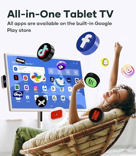 Cozyla Mate 32 Inch Mobile Portable TV Stand on Wheels Support Google Store Full Swivel Rotation Portable Touch Screen Monitor Built-in Battery Smart Rolling Tablet TV 4K Camera Remote Control White thumbnail 3