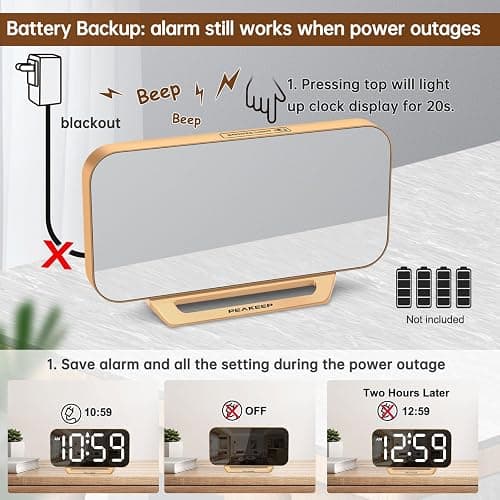Peakeep Slim Digital Mirror Aesthetic Alarm Clock for Bedrooms Desk Decor - Plug in Electric Big LED Modern Small Clock for Office Living Room, Battery Backup, 6 Dimmers (Gold) thumbnail 6
