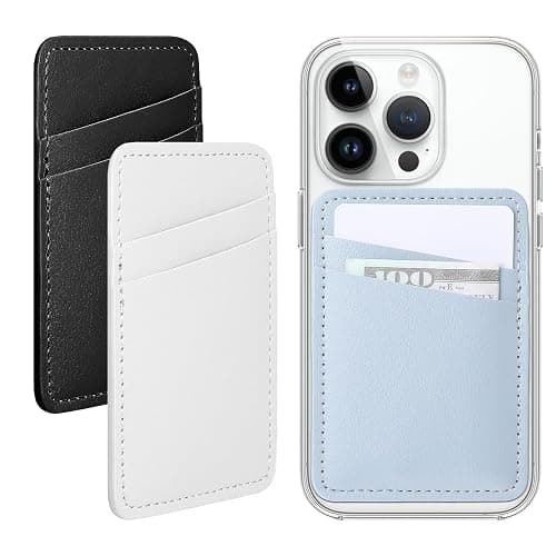 ElevateTech Phone Wallet Stick On, Leather Phone Card Holder for Phones Case Adhesive Stretchy Credit Card Pocket for Back of Phones Stick on Cards Holder with Most Cell Phones(White, Blue, Black) - Image 1