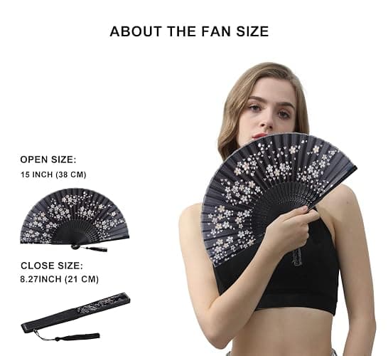Amajiji 8.27"(21cm) Hand Held Bamboo Silk Folding Fan Hand Fan,Chinese/Japanese Charming Elegant Vintage Retro Style,Women Ladys Girls Best Gifts (Black Little Sakura) thumbnail 3