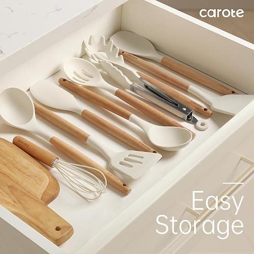 CAROTE Silicone Cooking Utensils Set, Kitchen Utensils Set 10 Pcs for cooking, BPA Free Spatula Set with Heat Resistant Wood Handles for Nonstick Cookware (Cream White) thumbnail 8