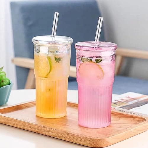 JunVpic Glass Coffee Cups with Lids and Straws, 20 OZ Pink Iced Water Glasses Tumblers for Ice Juice, Tea, Milk, Smoothie and Cold or Hot Drinks, Set of 2 thumbnail 5