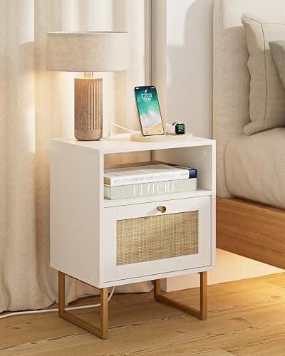 Masupu Rattan Nightstand with Charging Station,Modern Boho Farmhouse Wood Bedside Table with Storage Drawer and Open Shelf,Small Gold Frame Side End Table for Bedroom,Living Room,Office White thumbnail 8