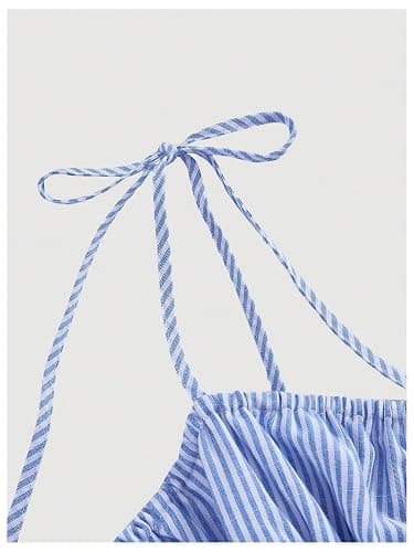 MakeMeChic Women's 2 Piece Summer Outfits Striped Tie Shoulder Peplum Shirred Tops and Shorts Set thumbnail 3
