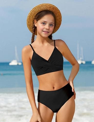 WIQI Girls Swimsuit Bikini Set 2 Piece Bathing Suits Color Block Criss Cross Swimwear Size 9-16 thumbnail 2