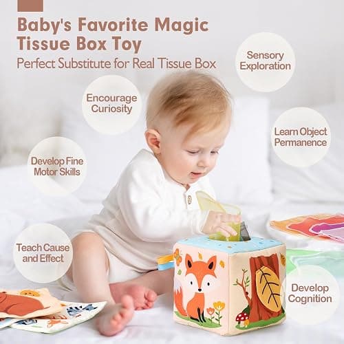hahaland Baby Tissue Box Toy - 6 Month Old Montessori Baby Toys 6-12 Months | Sensory Pulling Play Scarf Soft Box, Crinkle Paper, Mirror, Tag for Babies Boy Girl Gifts Must Haves 1 Year Old Birthday Gift thumbnail 3