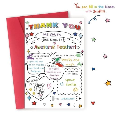 Hongshan Thank You Card for Teacher,Fill in the Blanks,Funny Appreciation Card Gift,Teacher Thank You Gifts Card from School Kids Students with Envelopes thumbnail 4