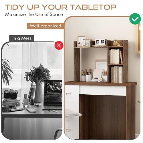 Tangkula Desktop Bookshelf, Countertop Storage Hutch with 5 Shelves for Computer Desk, 3-Tier Display Rack, Multipurpose Wood Desktop Hutch Storage Organizer for Dorm Office, Brown thumbnail 9