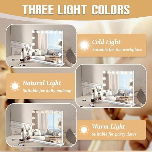 MKupView 22.8" x 18.2" Vanity Mirror with Lights White Makeup Mirror Hollywood Mirror with 15 Dimmable LED Bulbs 3 Color Modes 10X Magnification & USB Charging Port Mirror for Wall-Mounted thumbnail 4