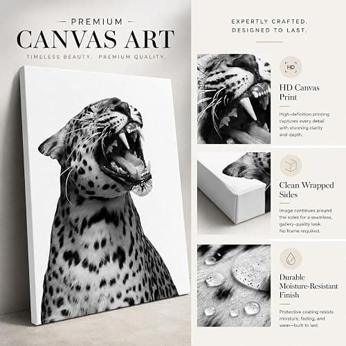 Cheetah Roaring Canvas Wall Art Black White Cheetah Print Funny Vintage Leopard Painting Picture Wall Decor Fashion Aesthetic Artwork for Dorm Bedroom Home Decoration 12x16in Framed thumbnail 3