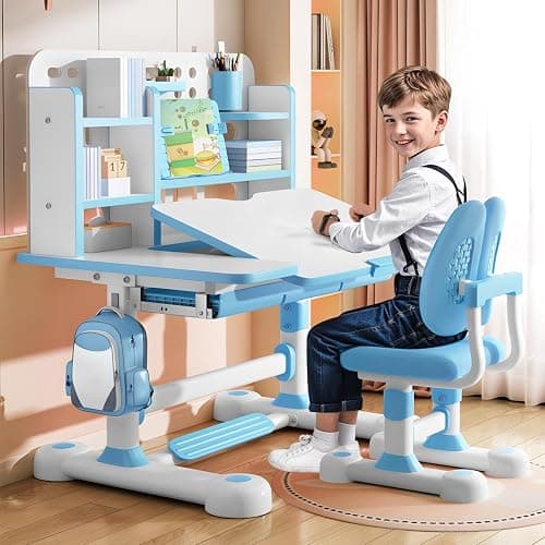 Kids Study Desk And Chair Set, Height Adjustable Children's Study Desk And Chair Set Toddler Learning Table and Stool Set with Bookshelf Storage Drawer 50-Degree Tiltable Desktop for Bedroom Blue - Image 1