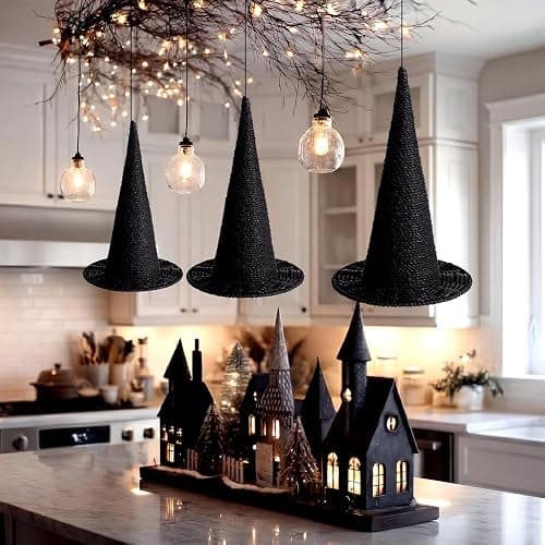 Beeveer 3 Pcs Halloween Rattan Witch Hat Decor, 14/12.2/10.2 Inch Handcrafted Black Rope Wizard Hats, 3D Rustic Farmhouse Spooky Decorations for Home Fireplace Door Table thumbnail 3