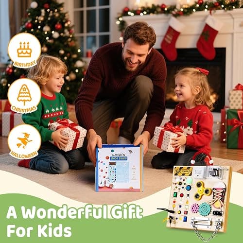 GNAYUIJ Montessori Wooden Busy Board Toys for 1 2 3 Years Old Boys Girls,Toddler Sensory Educational Fidget Board Travel Toy with LED Light Up Switches & Music Boxes, Locks for 1 to 6 Year Kids Gifts thumbnail 6