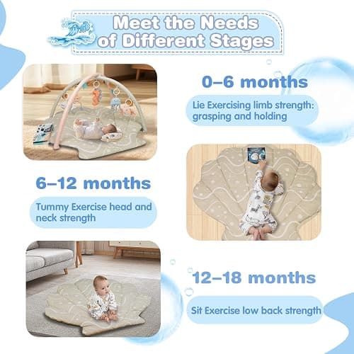 Suihuooo Baby Play Mat, Ocean Shell Theme Playmats & Floor Gyms, Baby Play Gym with 6 Detachable Activity Toys, Early Sensory Development Play Mat for Infant & Newborn (Beige) - Beige thumbnail 5