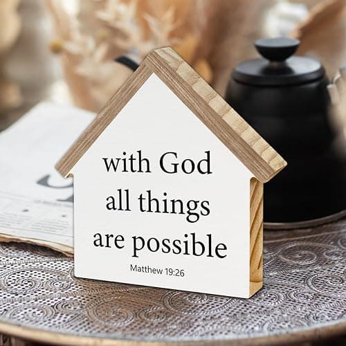Christian Home Decor, Bible Verse with God All Things are Possible Matthew 19:26 House Shaped Wood Block Sign, Home Living Room Decor for Desk Table Shelf thumbnail 3