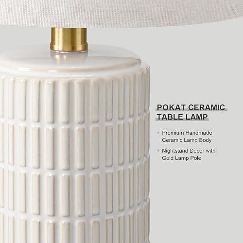 PoKat 21'' Modern Ceramic Table Lamp with Gift Box, White for Bedroom,Small | Bedside Lamps for Nightstands, Gold Pole Design, Farmhouse Home Decor for Living Room, Ideal Housewarming Gift for Women thumbnail 3
