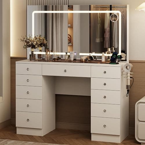 Otterease White Makeup Vanity, 11 Drawers Vanity Mirror with Lights, Makeup Vanity Desk with 3 Lighting Modes Adjustable Brightness, Vanity with Glass Top for Bedroom thumbnail 9