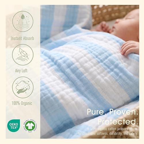 HardNok Organic Muslin Baby Bath Towel Blanket 5-Pc Gift Set - Blue Stripe | Features 41-43" 6-layer blankets, three washcloths newborn to toddler crib or stroller; curated shower registry gift for boys thumbnail 4