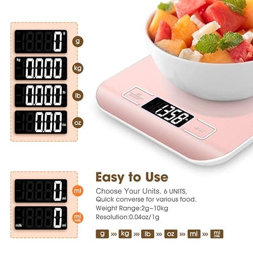 Mik-Nana Food Scale Pink, 10kg/22lb Digital Kitchen Scale Weight Grams and Oz for Baking and Cooking, 1g/0.1oz Precise Graduation, Easy Clean Stainless Steel thumbnail 3