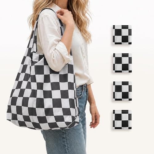 Ralxion Checkered Reusable Grocery Shopping Bags 4 Packs, Cute Checkerboard Foldable Kitchen Large Nano Tote Bags - Image 1