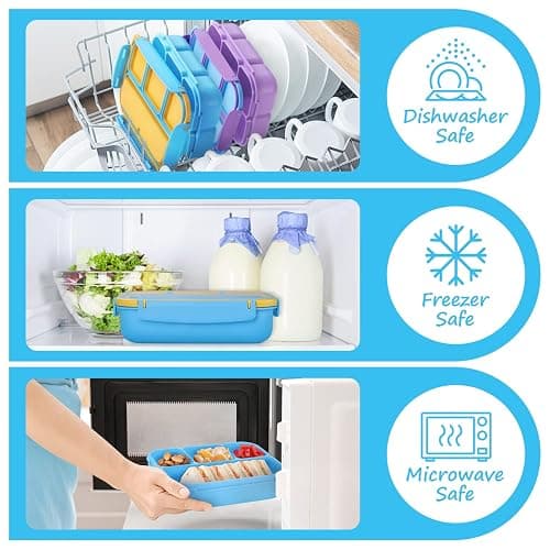 QQKO Bento Lunch Box for Kids Girls Boys, Toddler Kids Lunch Boxes for School, Lunch Containers for Adults with 4 Compartments, Sauce Container, Utensils, Food Picks and Muffin Cups, Blue thumbnail 6
