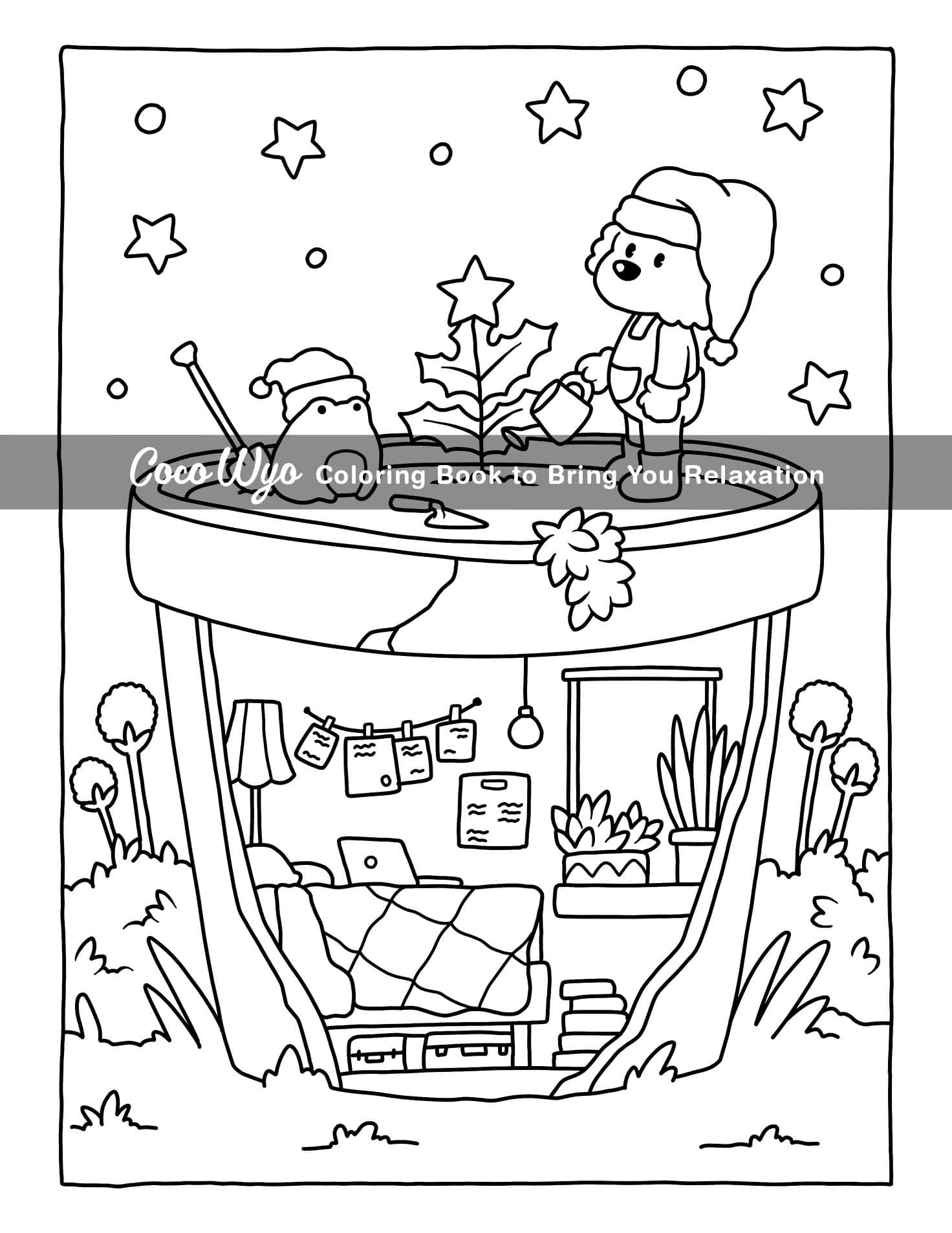 Cozy Spaces: Coloring Book for Adults and Teens Featuring Relaxing Familiar Corners with Cute Animal Characters for Stress Relief thumbnail 7