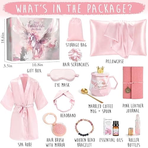 Golray Spa Gift Set for Teen Girls 10-12 14-18, 13 Pcs Girl Stuff Basket with Satin Pillowcase/Spa Robe/Journal/Mug, Christmas Birthday Self Care Things Gift for Kid Daughter Sister Tween Trendy Stuff thumbnail 4