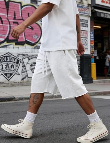 Ugerlov Men's Baggy Sweat Shorts Fleece Cotton Y2k Shorts Under Knee Shorts | Comfort Drawstring Running Gym Shorts Raw Hem Long Sweat Shorts with Pockets thumbnail 2