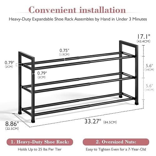 Bumusty 3-Tier Expandable Shoe Rack for Closet, 18“-33” Adjustable Shoe Rack for Small Space, Small Shoe Organizer for Front Door, Sturdy Metal, Black - Black - 3-Tier thumbnail 3