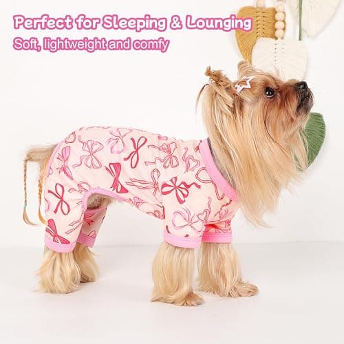 DaFuEn Dog Pajamas for Small Dogs, Soft Stretchy 4 Legs Puppy Jumpsuit, All Season Cozy Pet PJs for Chihuahua Yorkie Teacup Dogs, Cat Clothes (Pink Bow, L) thumbnail 6